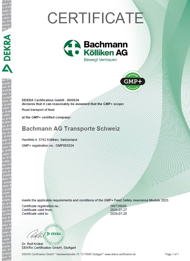 Bachmann neu GMP+ zertifiziert - Bachmann AG, Transporte Schweiz - Der Transport und das Handling von hochwertigen Schüttgütern und Lebensmittel, weil Hygiene und absolute Sauberkeit zu unseren obersten Geboten gehören.